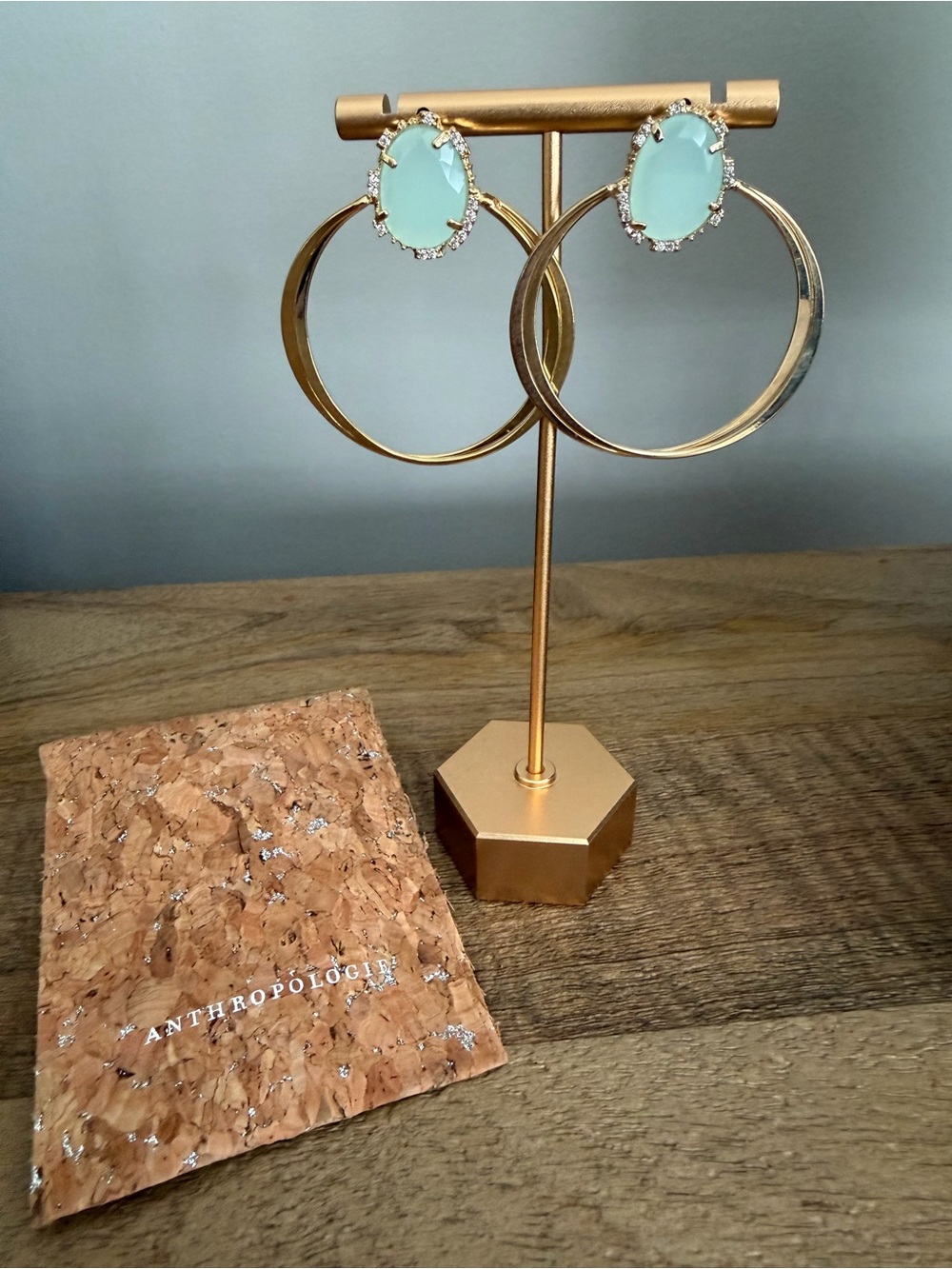 Anthropologie Gold Hoop Earrings with Mint Green Stones